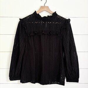 Madewell 100% cotton black eyelet long sleeve top with tie in back